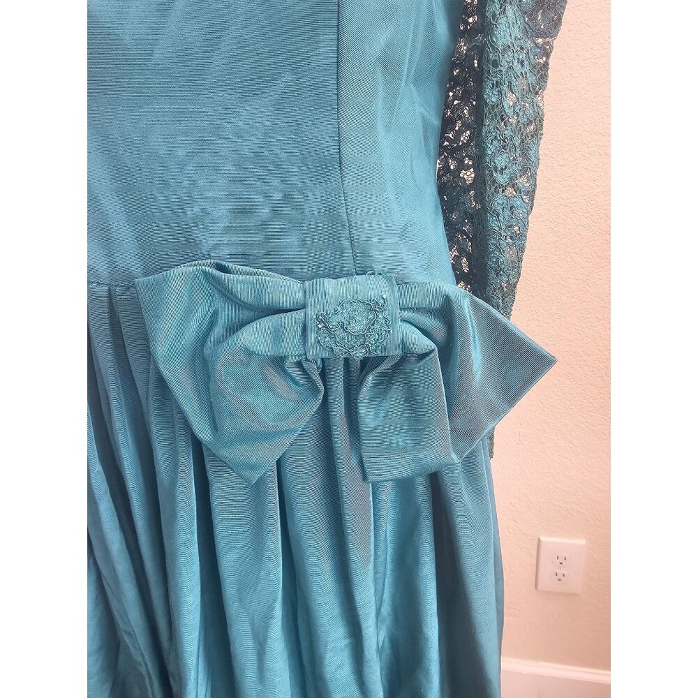 Vintage 80s Evening Dress Medium Teal Modest Full Skirt - Picture 4 of 7